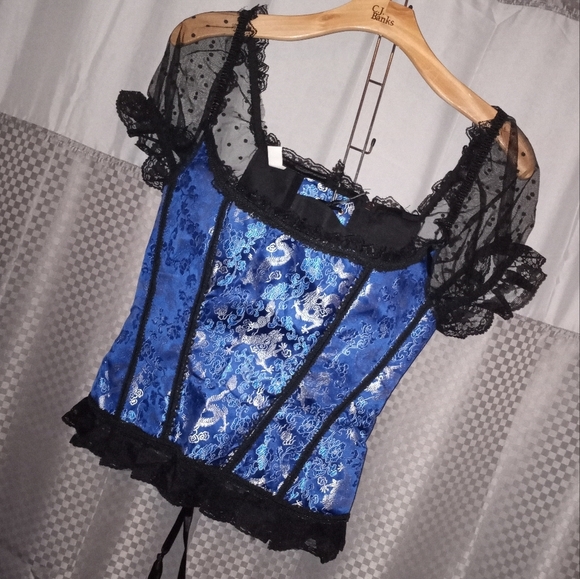 blue and black corset with zip up back closure lace puff sleeve with dot details - Picture 3 of 7